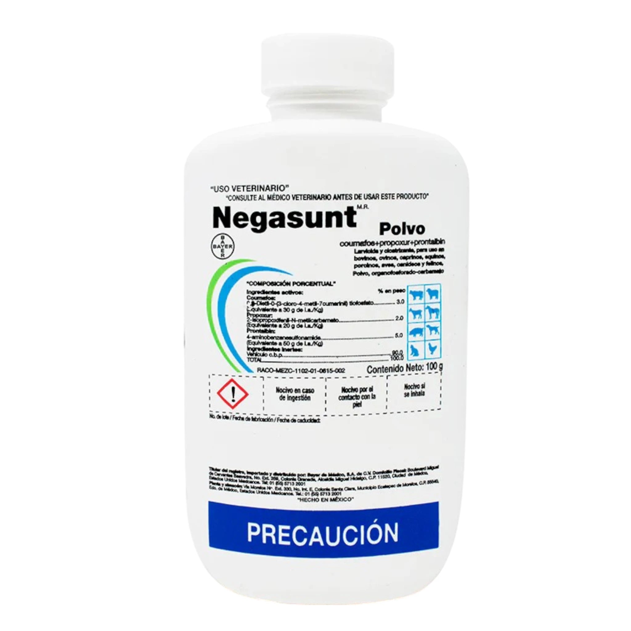 Envase de Negasunt Polvo, tratamiento en polvo cicatrizante y antiparasitario para heridas contaminadas en animales como perros, gatos y ganado.