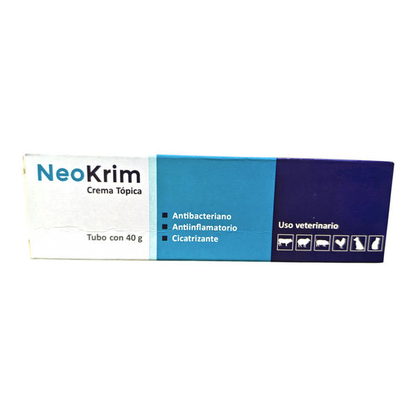 Caja de la crema Neokrim de 40 g, antibacteriana, antiinflamatoria y cicatrizante para uso veterinario en perros, gatos, ganado y caballos.