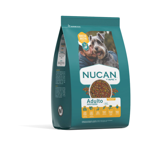 Saco de alimento Nucan Adulto para perros de razas pequeñas, con foco en el desarrollo del sistema nervioso y la salud digestiva.