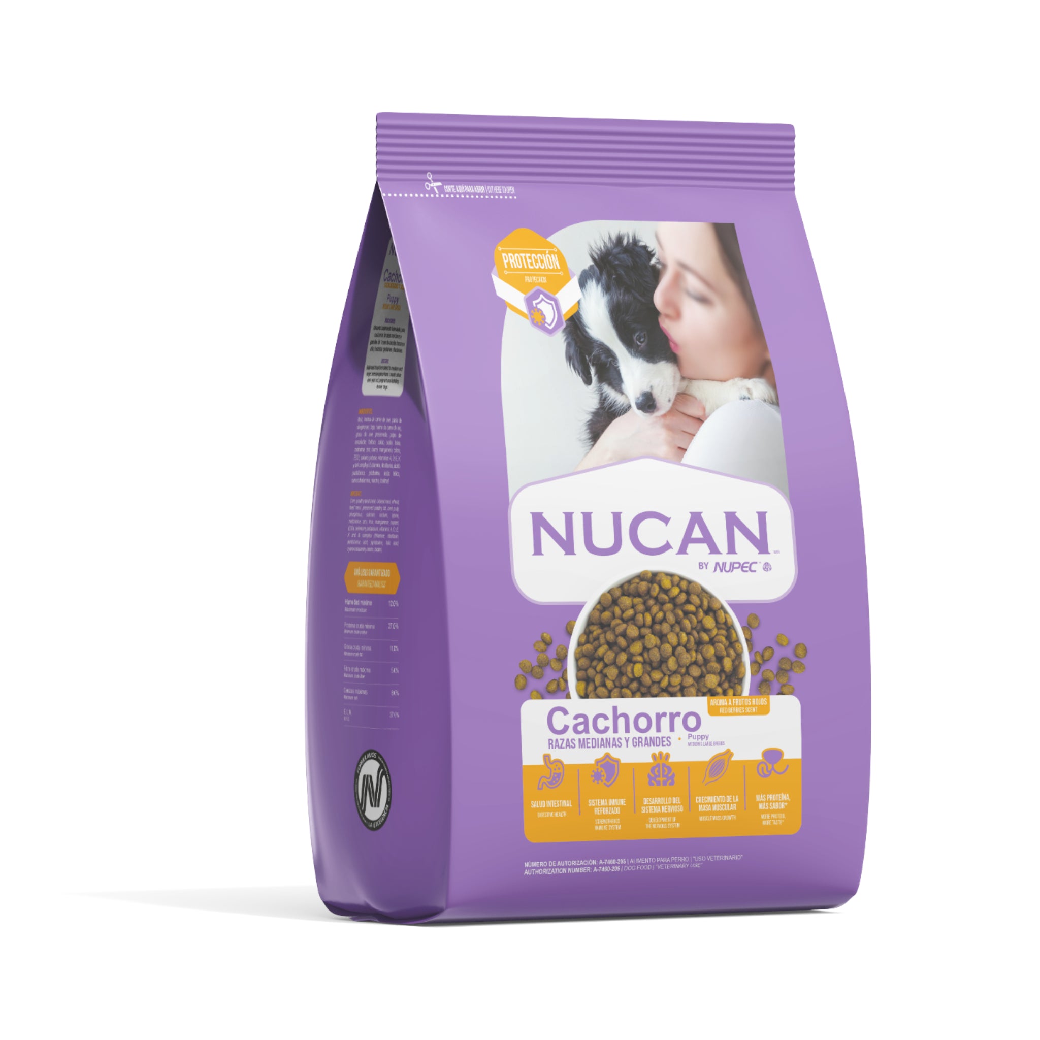 Vista frontal del saco de alimento Nucan Cachorro, destacando los beneficios en crecimiento muscular y refuerzo del sistema inmune para perros jóvenes.