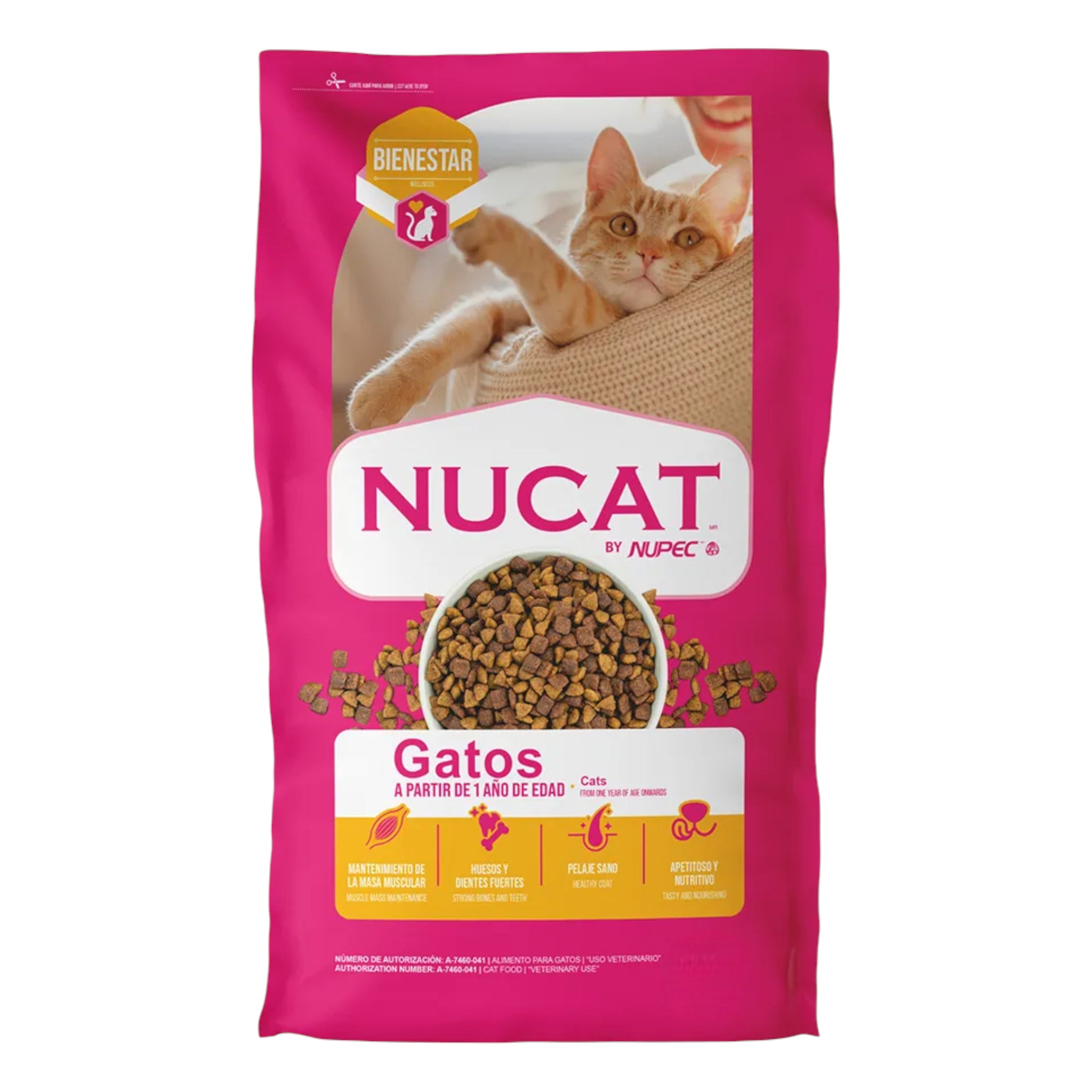 Vista frontal del empaque de alimento Nucat para gatos adultos, destacando los beneficios de salud visual, digestiva y fortalecimiento de huesos.