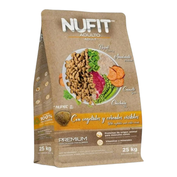 Saco de Nufit Adulto alimento natural para perros con proteína de res y pollo, amaranto, camote y vitaminas esenciales.