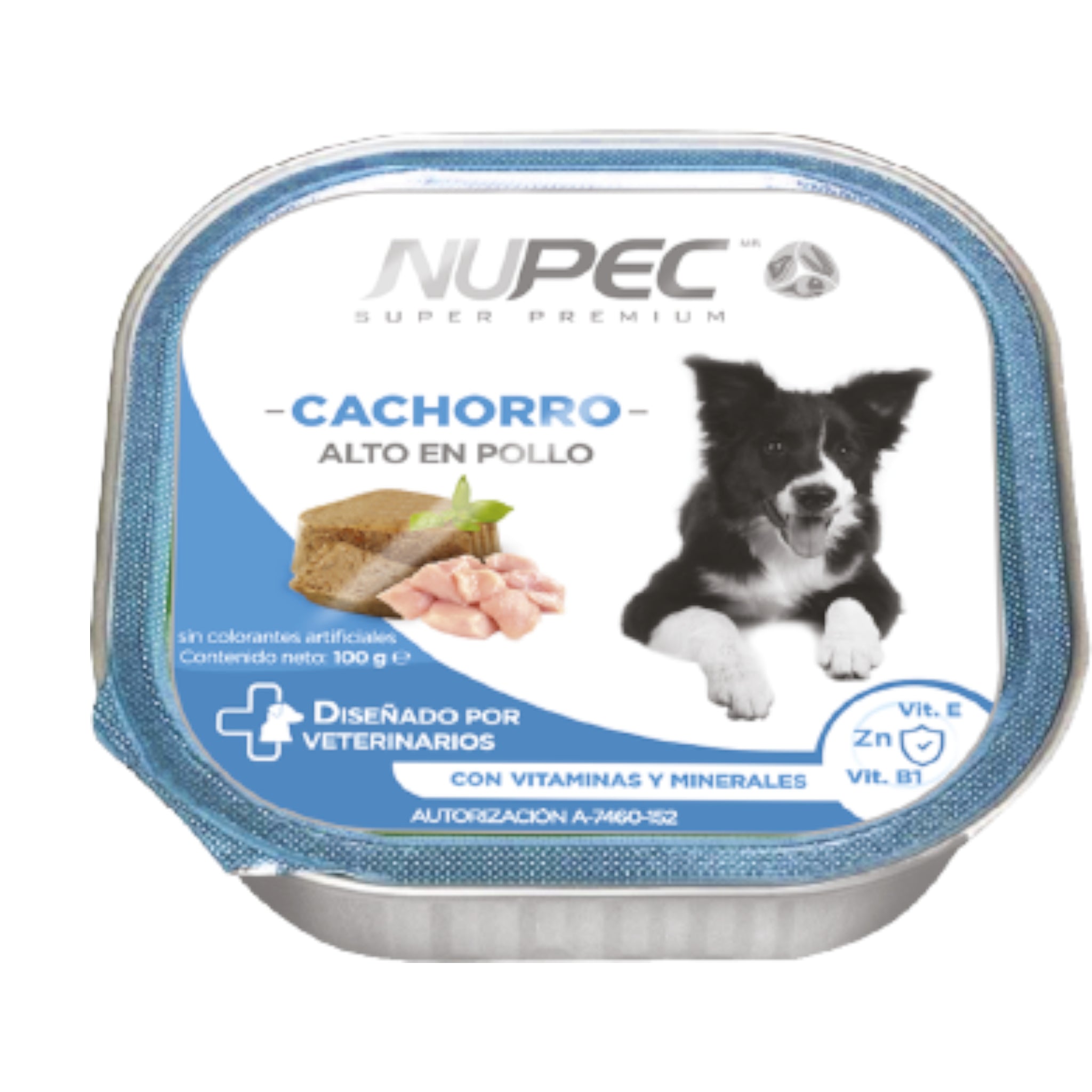 Lata de alimento húmedo Nupec para cachorros de todas las razas, formulado para el desarrollo muscular y óseo.