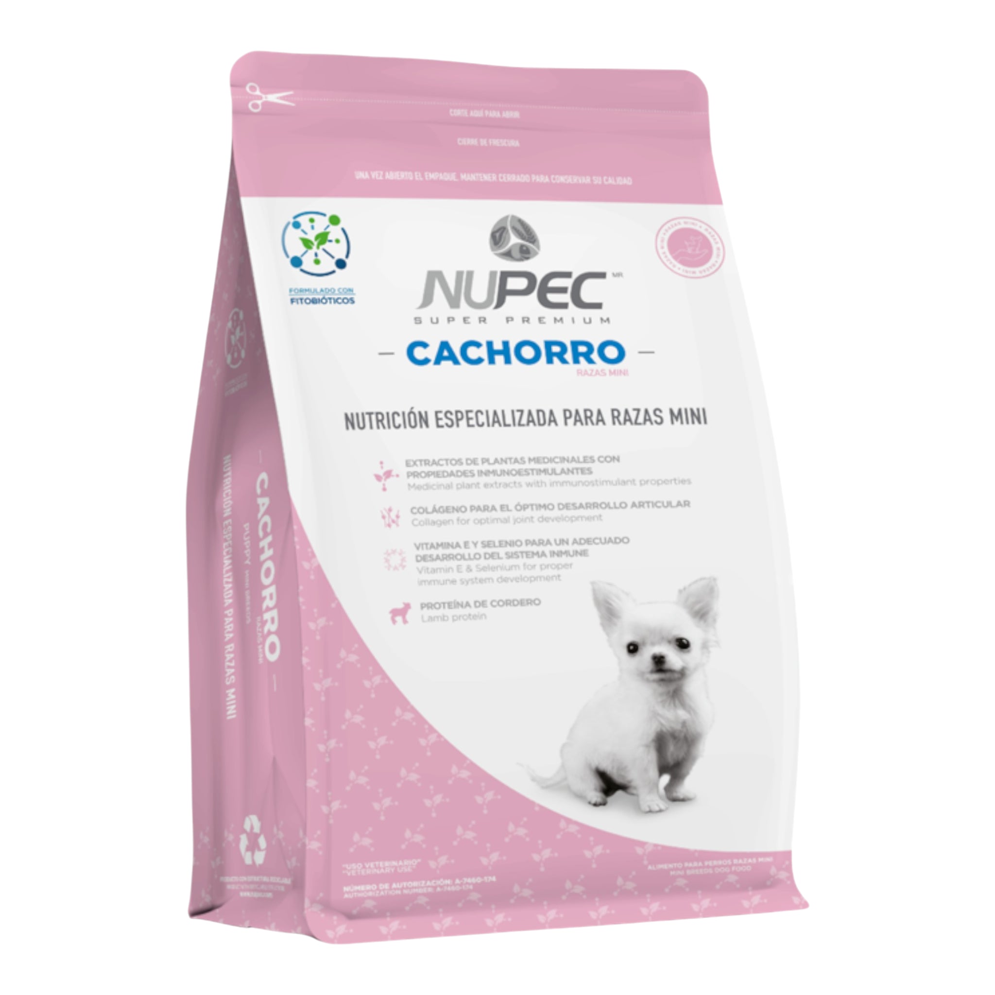Saco de alimento Nupec Cachorro Raza Mini para perros miniatura en etapa de crecimiento, disponible en presentaciones de 1 y 3 kg.