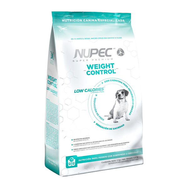 Saco de alimento especializado Nupec Control de Peso para perros de razas medianas y grandes, diseñado para reducir grasa y mantener músculos.