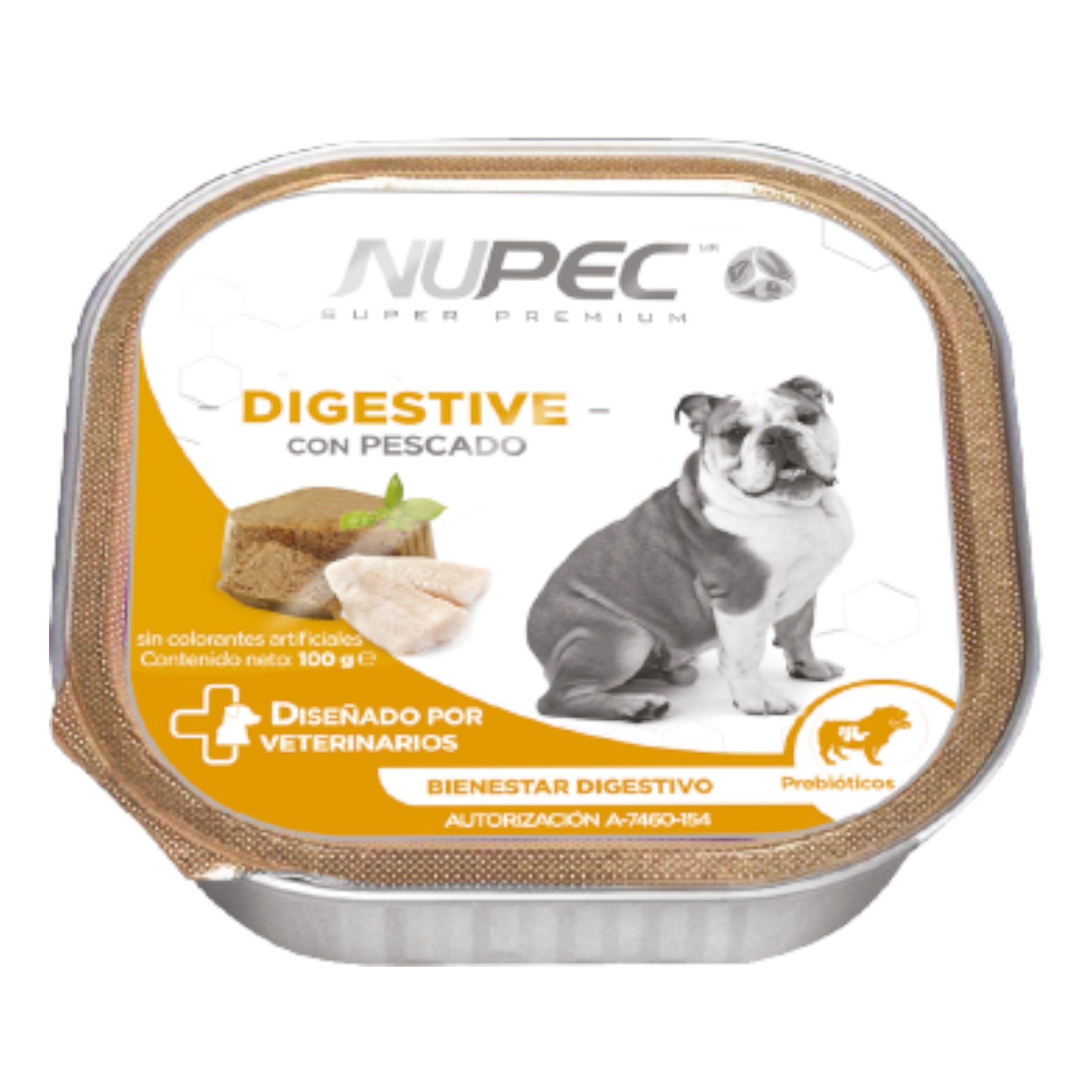 Lata de alimento húmedo Nupec Digestive para perro de 100g, diseñada con prebióticos para mejorar la salud intestinal y la absorción de nutrientes.