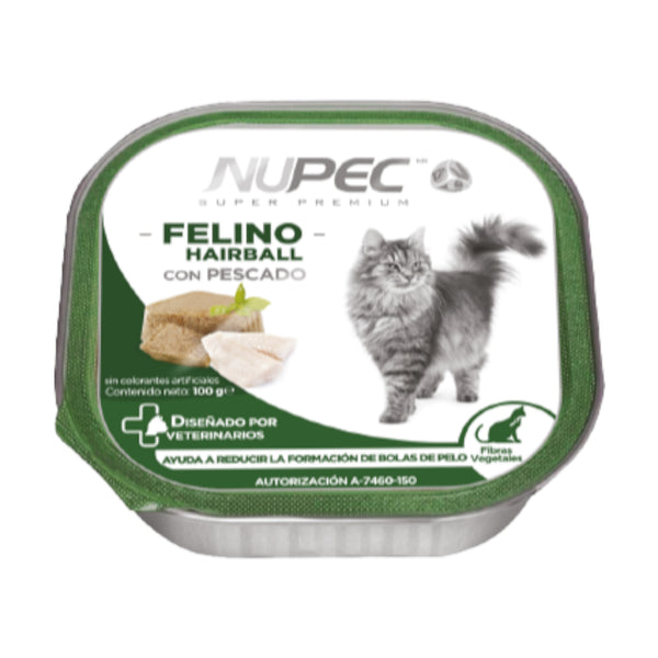 Lata de alimento húmedo Nupec Felino Hairball de 100g para gatos adultos, formulado para reducir la formación de bolas de pelo.