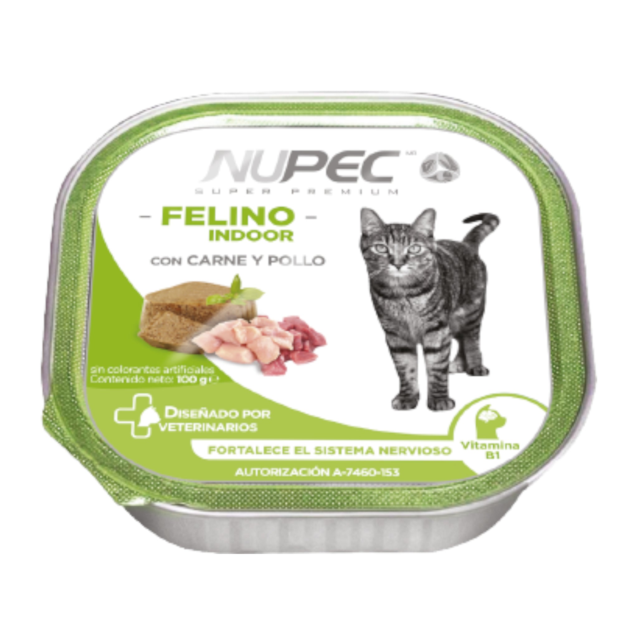 Lata de alimento húmedo Nupec Felino Indoor para gatos adultos, ideal para fortalecer el sistema nervioso y la protección cardíaca.