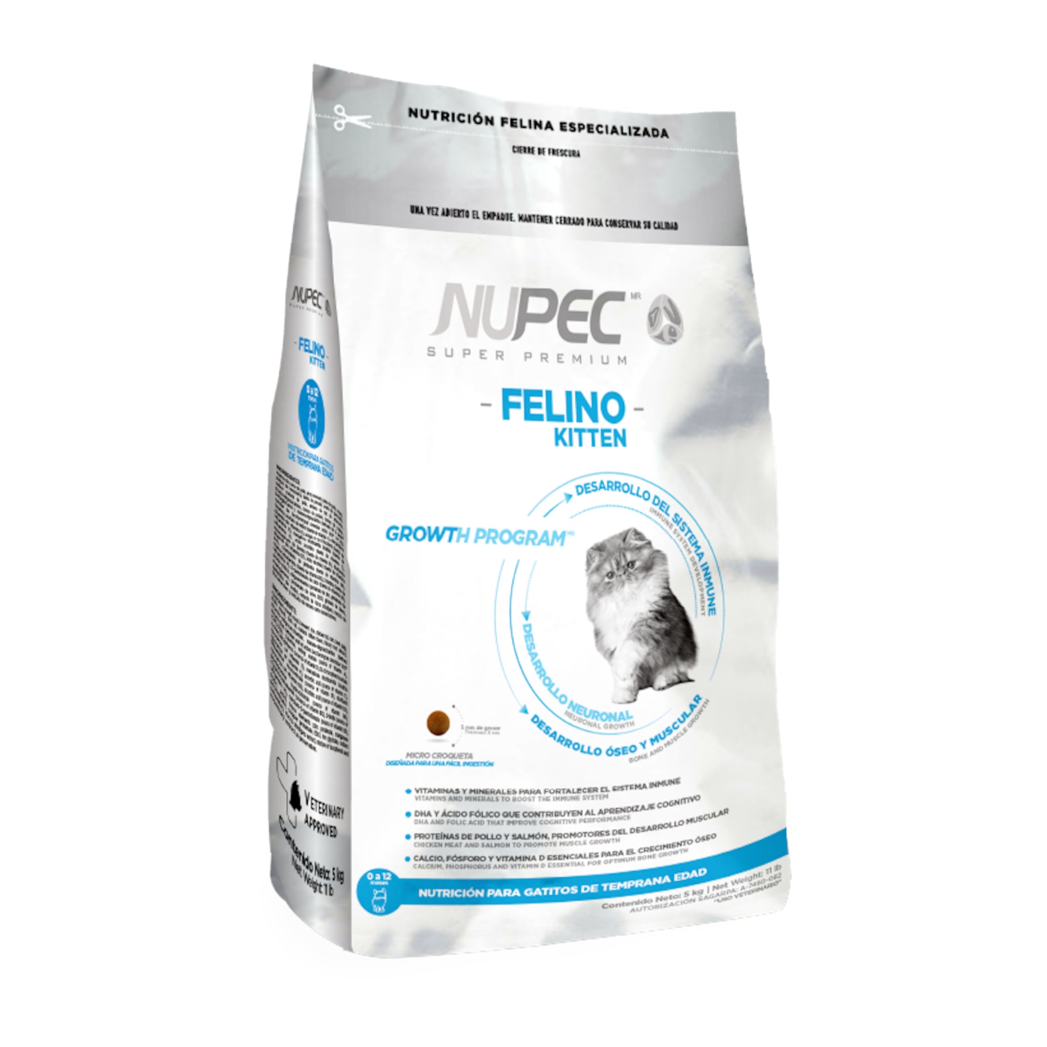 Saco de alimento especializado Nupec Felino Kitten para gatos bebés, enfocado en el desarrollo muscular, óseo e inmunológico.