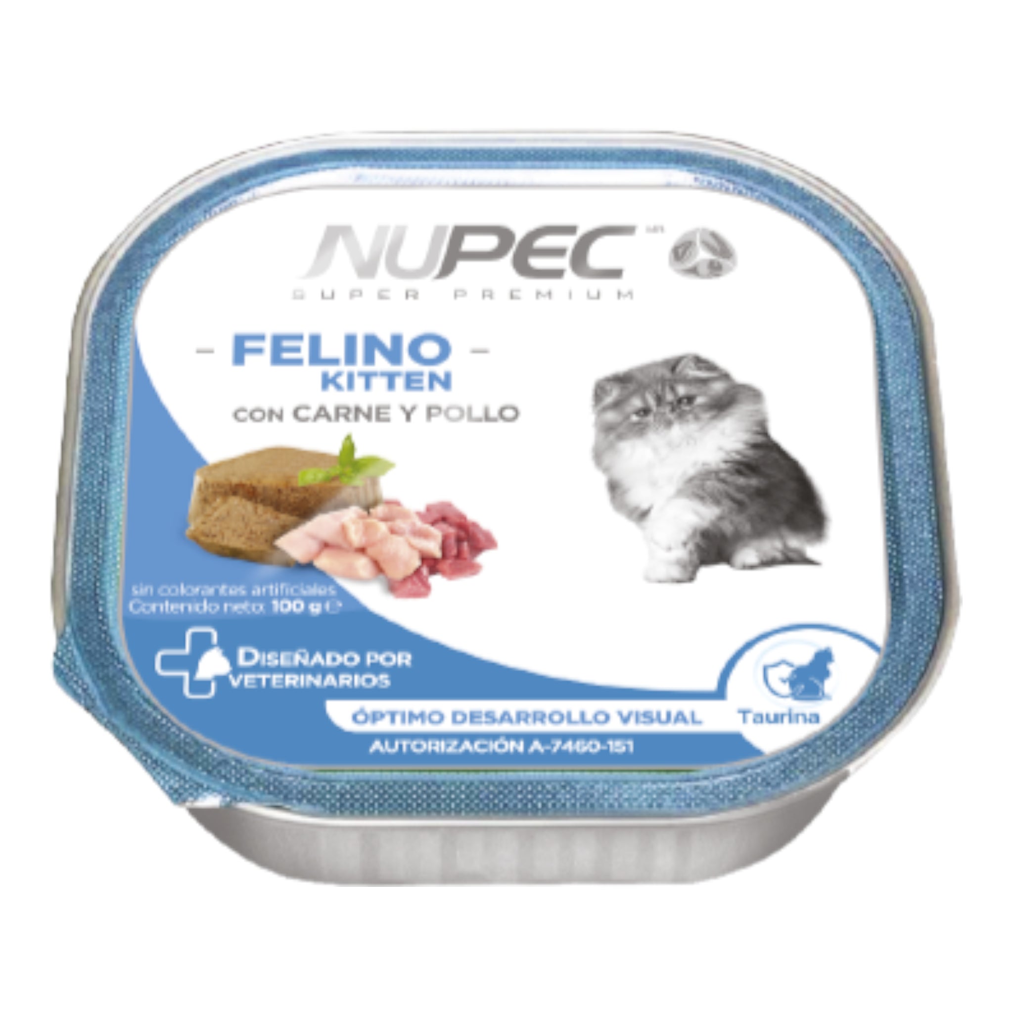 Lata de alimento húmedo Nupec Felino Kitten para gatitos en etapa de crecimiento con textura suave tipo paté.