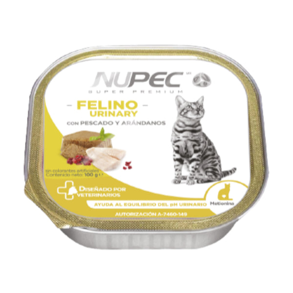 Alimento húmedo Nupec Felino Urinary en lata formulado para el equilibrio del pH y la salud del tracto urinario en gatos adultos.