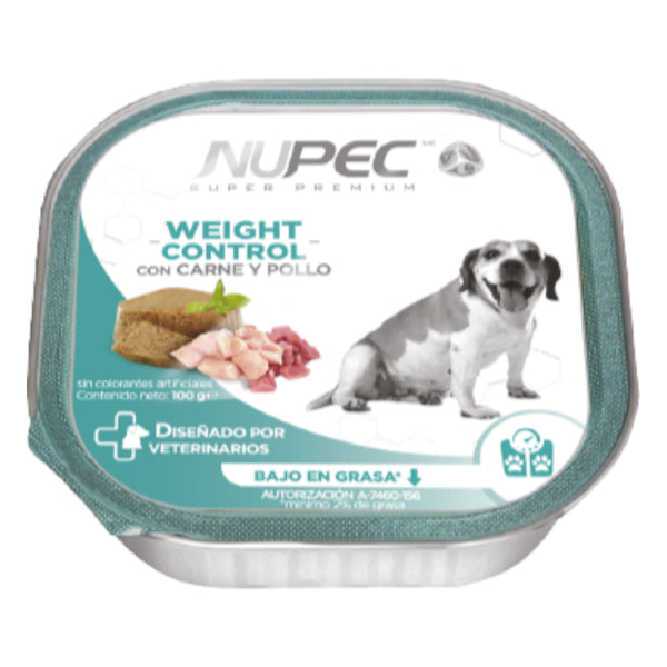 Presentación de alimento húmedo Nupec Perro Weight Care para el control de peso y reducción de grasa en perros adultos.