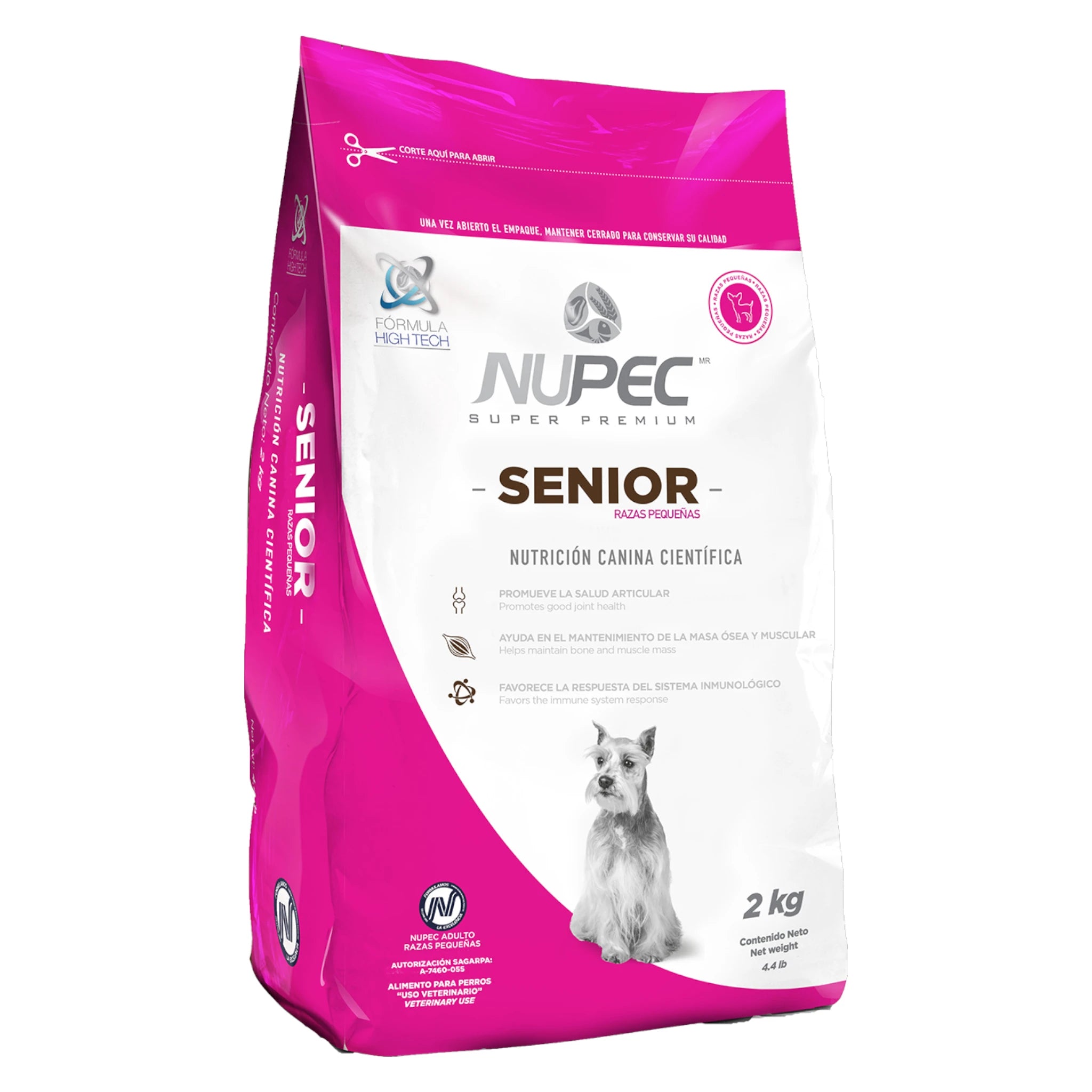 Saco de alimento seco Nupec Senior para perros adultos de raza pequeña, enfocado en el mantenimiento de masa ósea y retraso del envejecimiento.