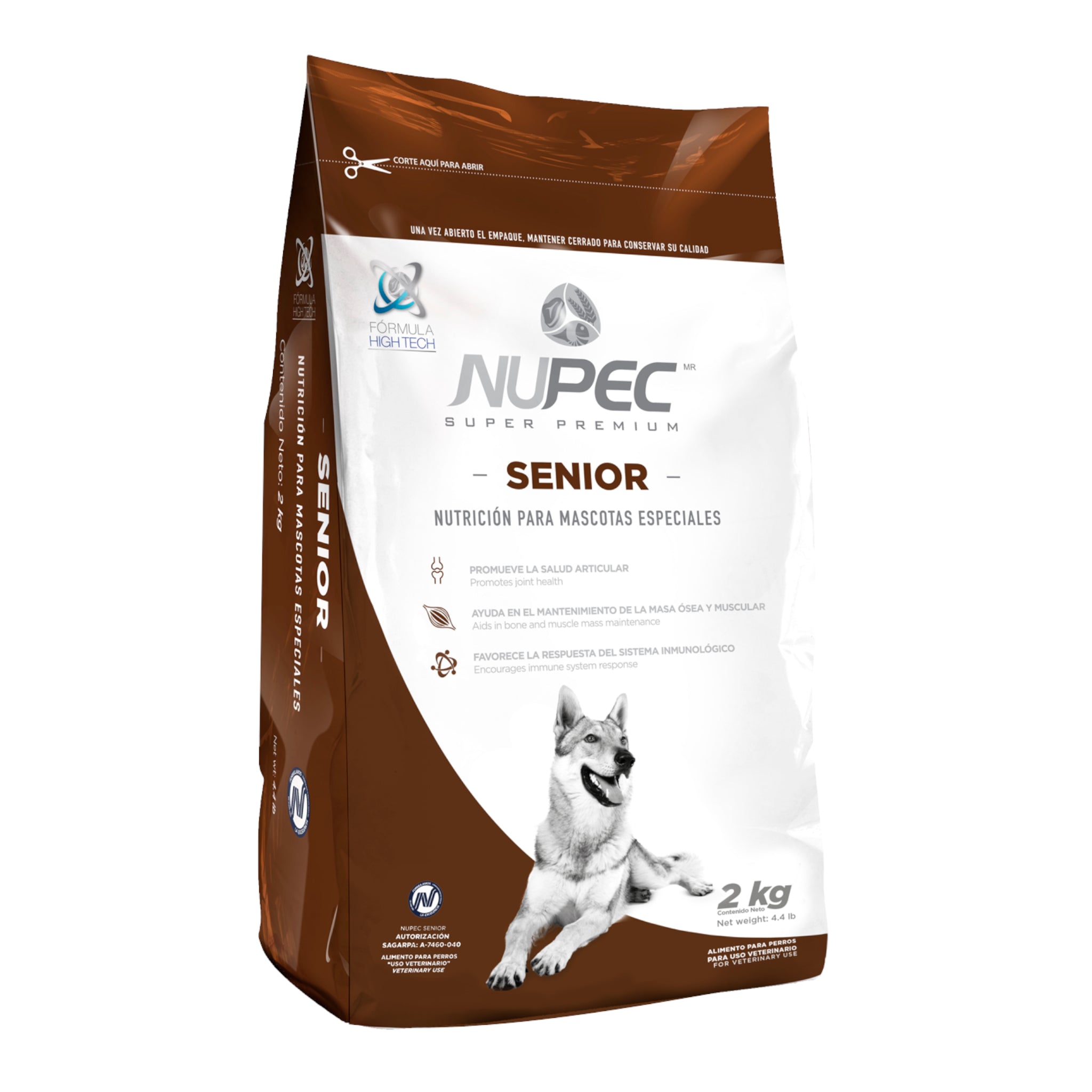 Empaque de alimento Nupec Senior para perros de razas medianas y grandes mayores de 7 años, enfocado en vitalidad y cuidado articular.