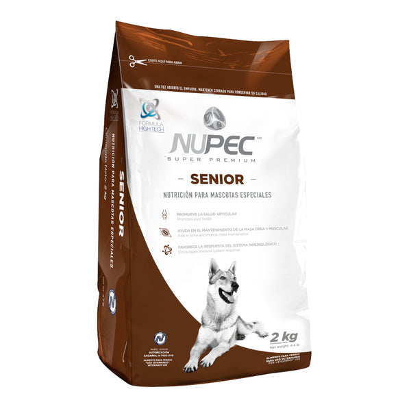 Empaque de alimento Nupec Senior para perros de razas medianas y grandes mayores de 7 años, enfocado en vitalidad y cuidado articular.