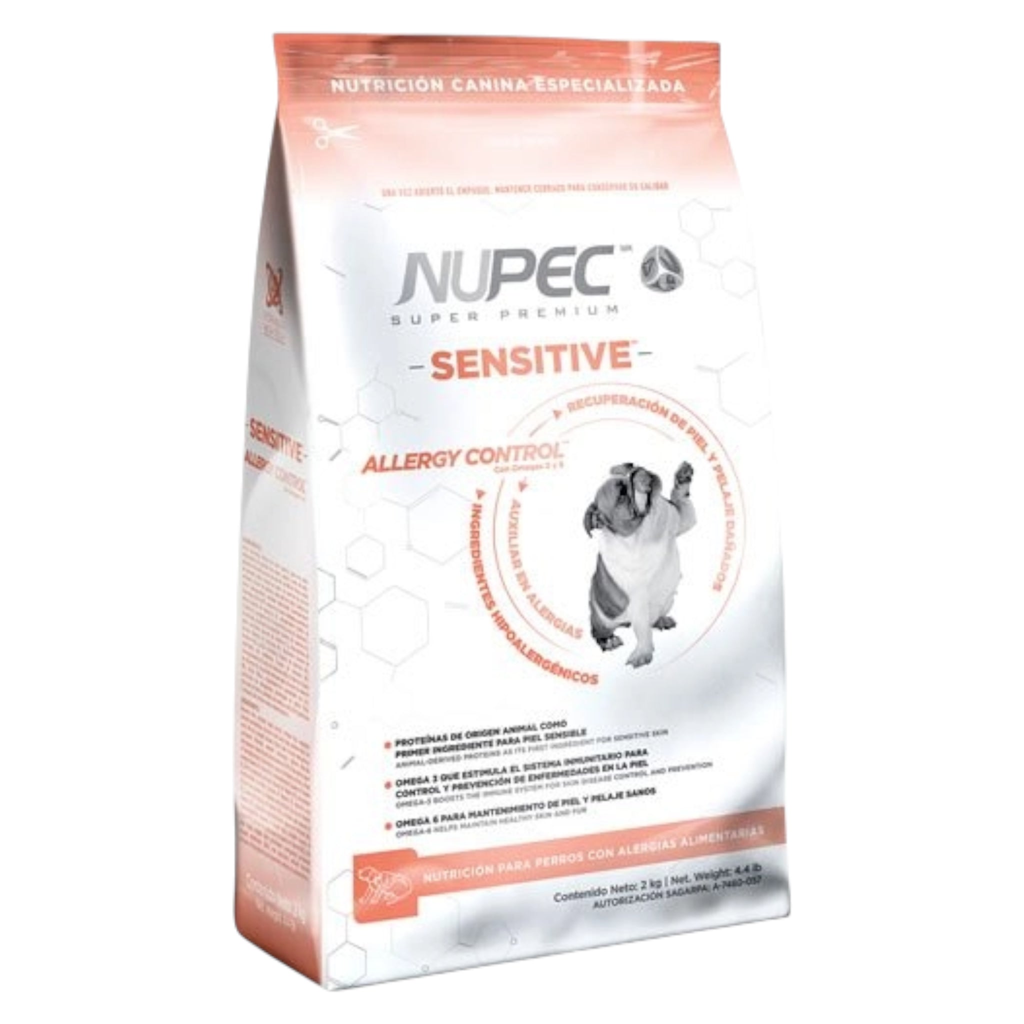 Empaque de alimento Nupec Sensitive para perros con piel delicada, destacando su fórmula con proteínas altamente digeribles y omegas.