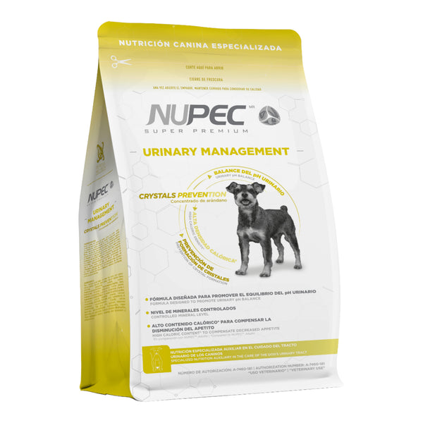 Empaque de alimento Nupec Urinary para perros adultos enfocado en la salud urinaria.