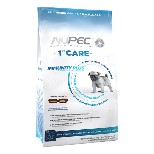 Empaque de Nupec First Care alimento para cachorros de 0 a 6 meses que ayuda a fortalecer el sistema inmune y las defensas naturales