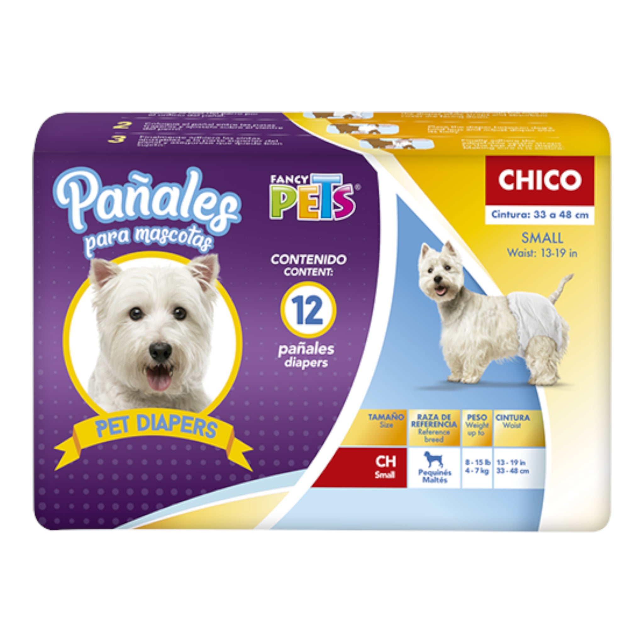 Paquete de 12 pañales desechables para perra talla chica marca Dry Pet, ideal para razas como Pequinés y Maltés.