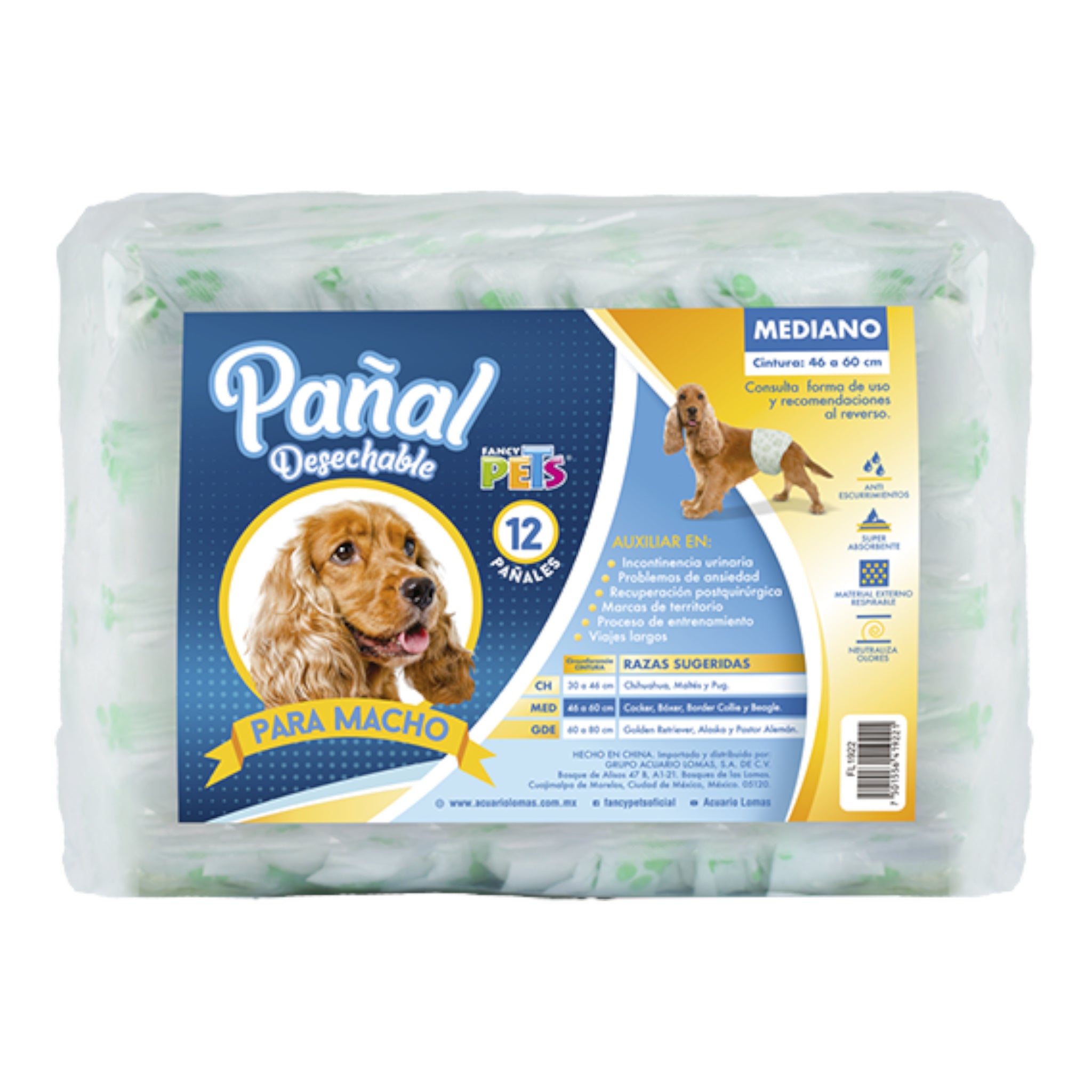 Paquete de 12 pañales desechables Dry Pet para perros machos, talla mediana, con indicador de cintura de 46 a 60 cm.