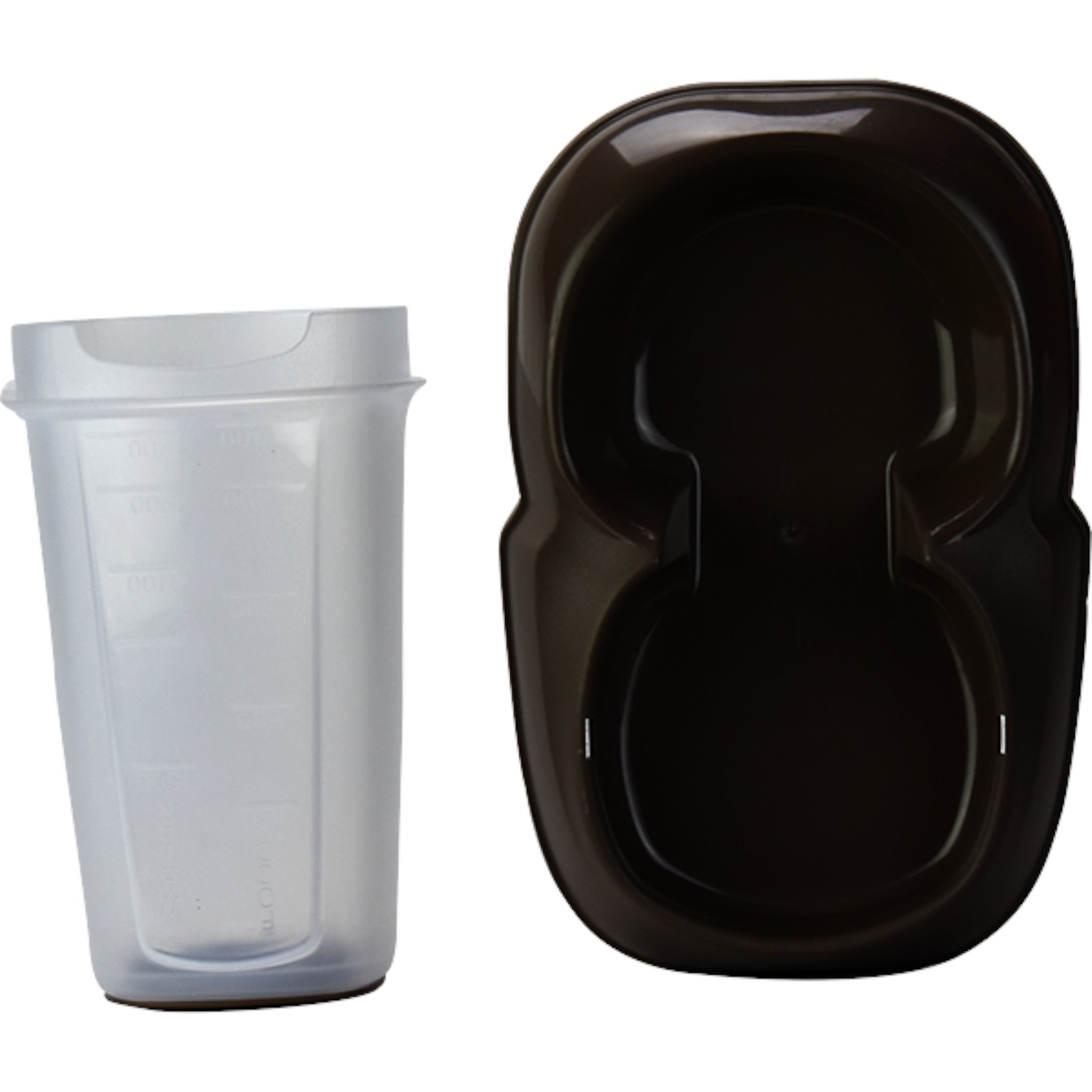 Vista de las piezas del dispensador MPS: base antiderrapante, envase graduado y tapa superior para un rellenado higiénico y sencillo.