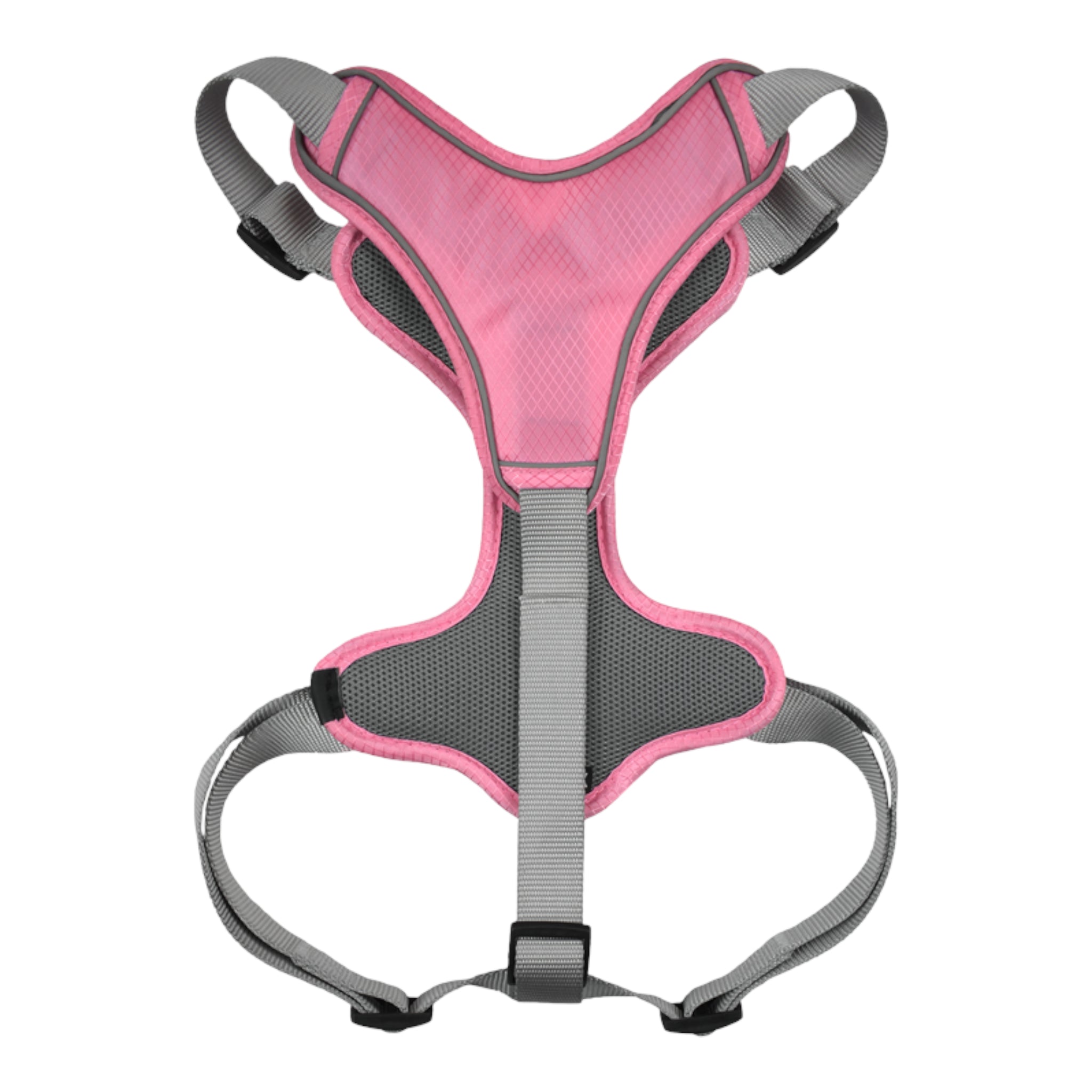 Detalle del interior del arnés rosa de Fancy Pets mostrando la textura de malla ventilada diseñada para evitar la acumulación de calor.