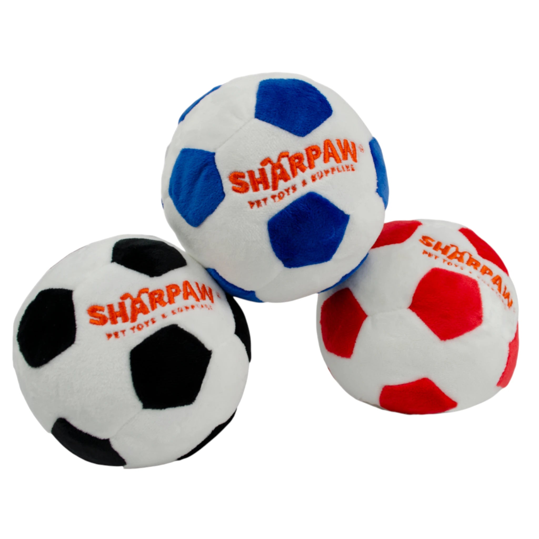 Pelota de peluche en forma de balón de fútbol para perros con chirriador incorporado.