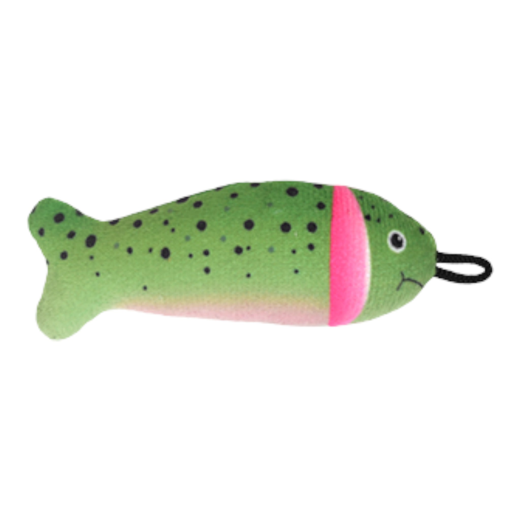 uguete para gato en forma de sardina verde con puntos negros y gancho para colgar en caña interactiva.