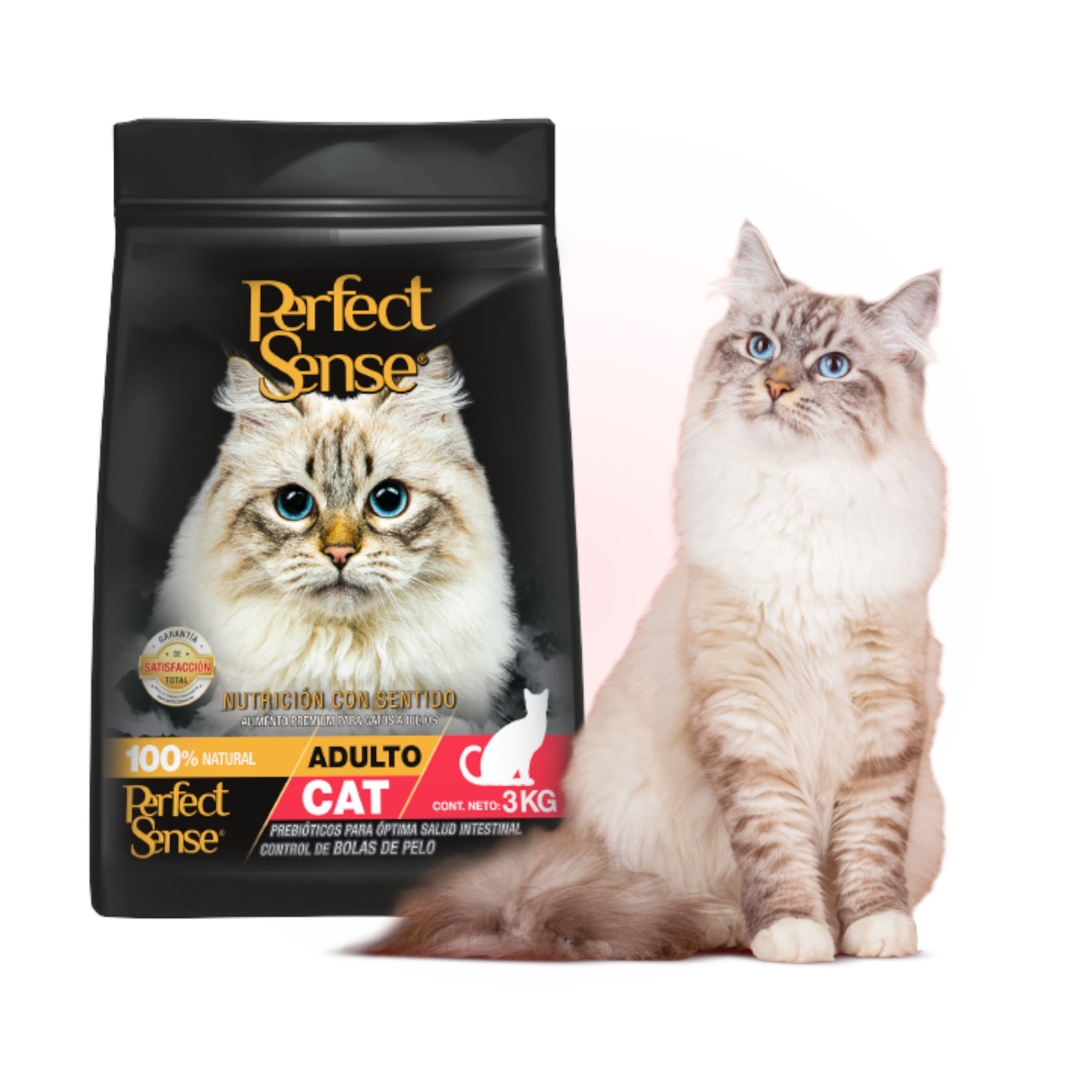 Empaque de Perfect Sense Gato Adulto alimento natural con pollo y taurina, ideal para gatos mayores de 12 meses con control de bolas de pelo y digestión saludable.
