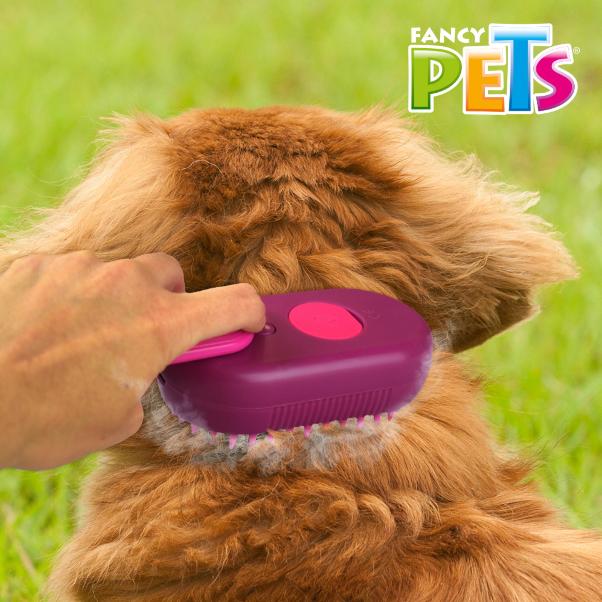 Cepillo Fancy Pets eliminando pelo muerto en un perro gracias al vapor frío.