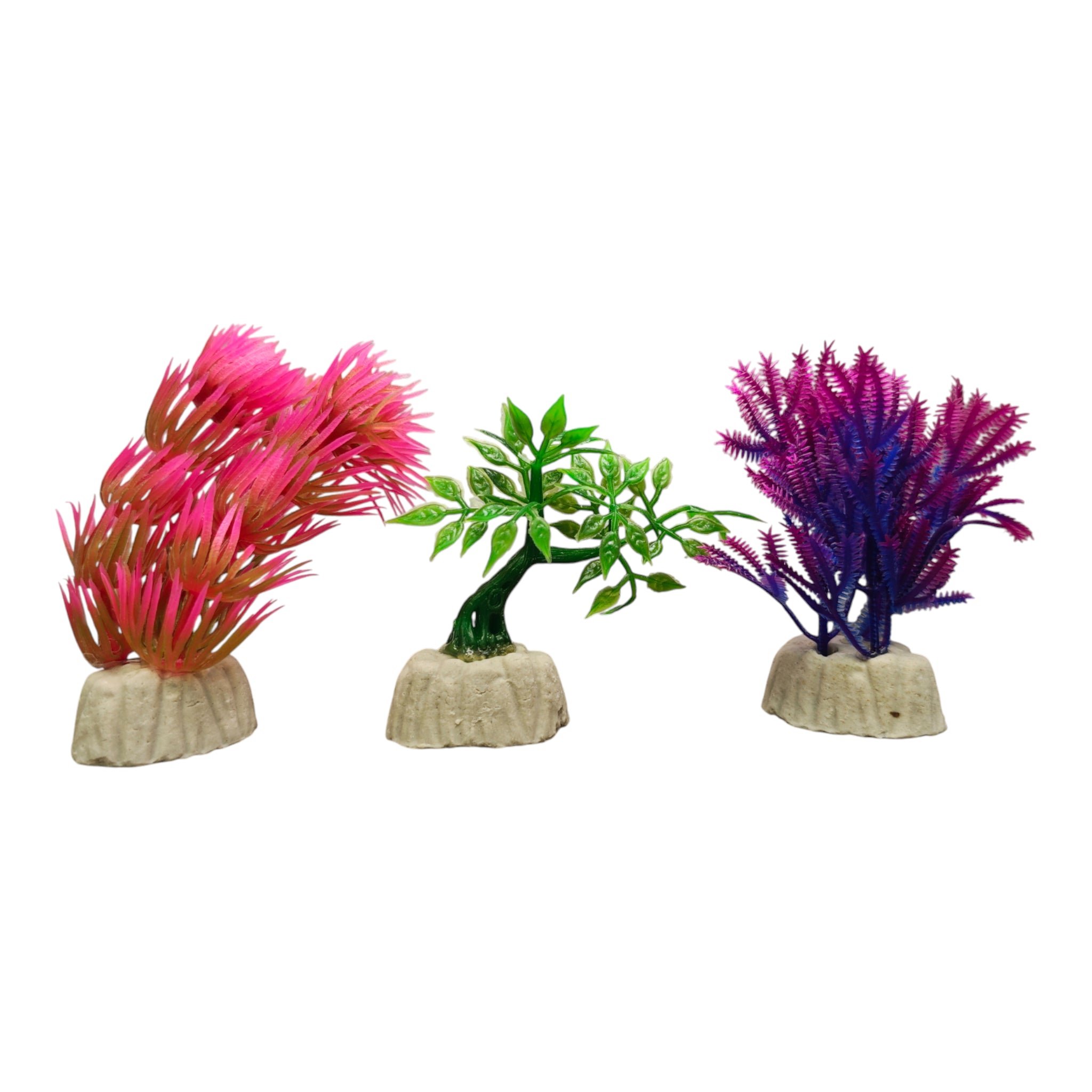 plantas artificiales decorativas para acuario de 2 pulgadas en tonos rosa, verde y morado con base antiderrapante
