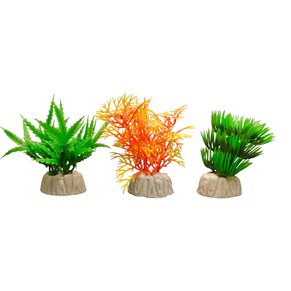plantas artificiales decorativas para acuario de 2 pulgadas en colores naranja y verde con base de piedra estable