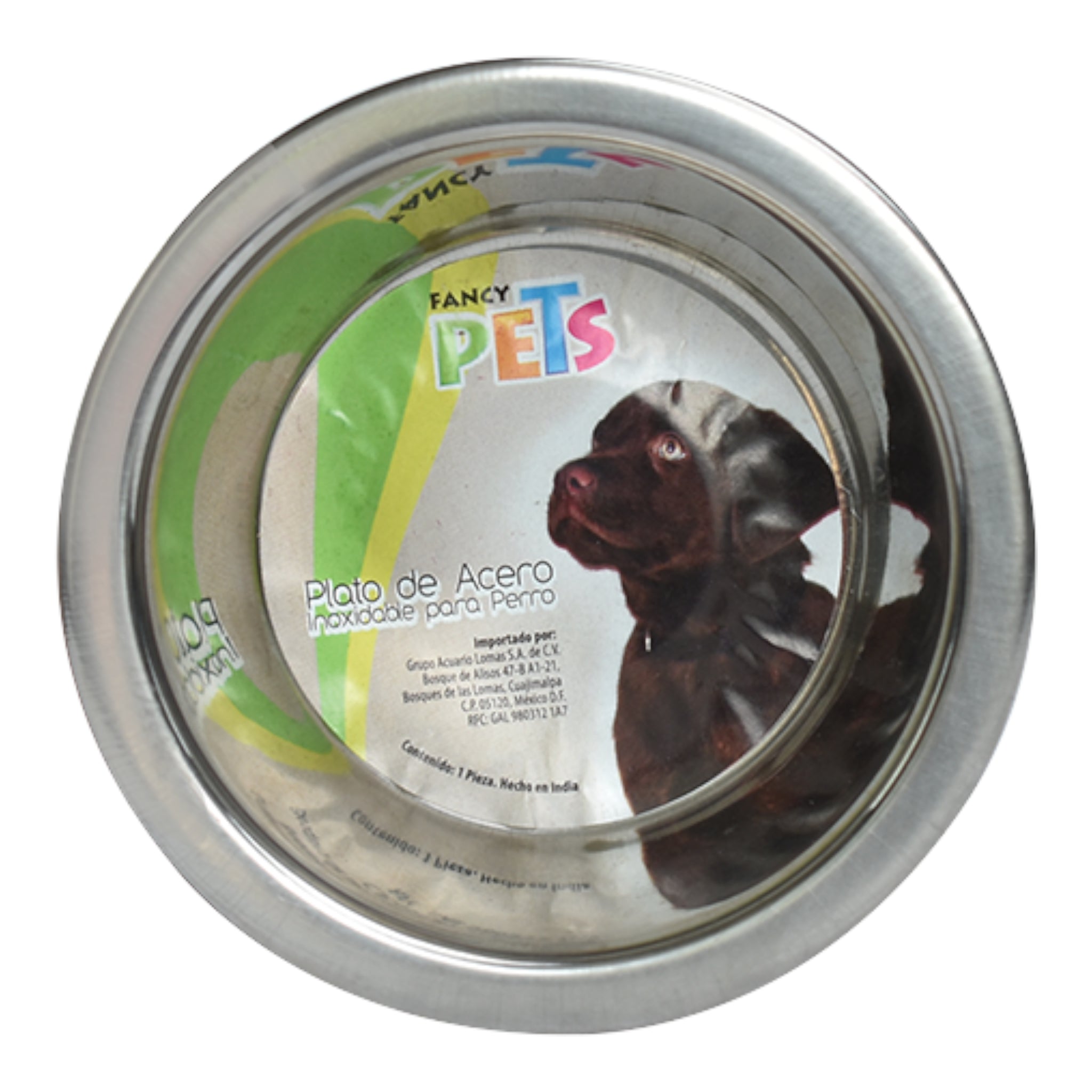 Vista superior del plato de acero inoxidable brillante, mostrando su acabado higiénico y resistente para agua o alimento seco de mascotas.