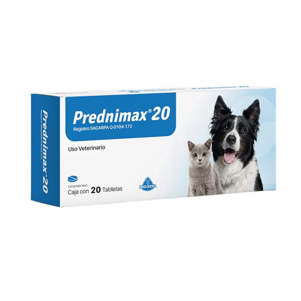 Caja de Prednimax 20 mg para tratamiento en perros y gatos