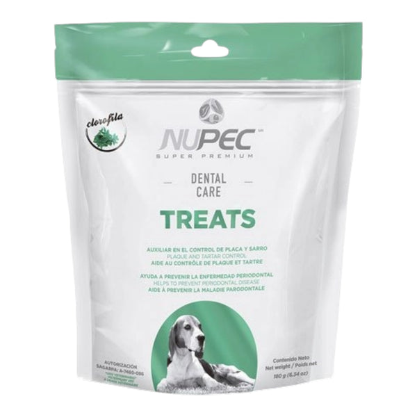 Empaque de premios funcionales Nupec Dental Care para perro, destacando su beneficio de control de sarro y aliento fresco con clorofila.