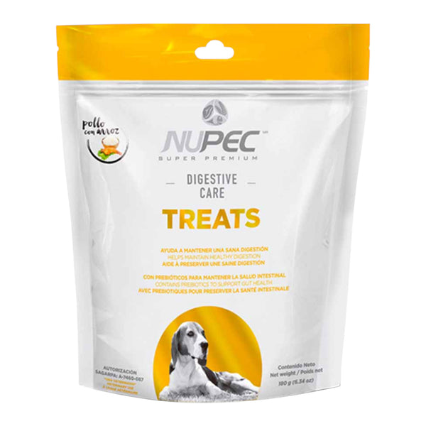 Empaque de premios Nupec Digestive Care para perro, destacando su fórmula funcional con prebióticos para el cuidado gastrointestinal.