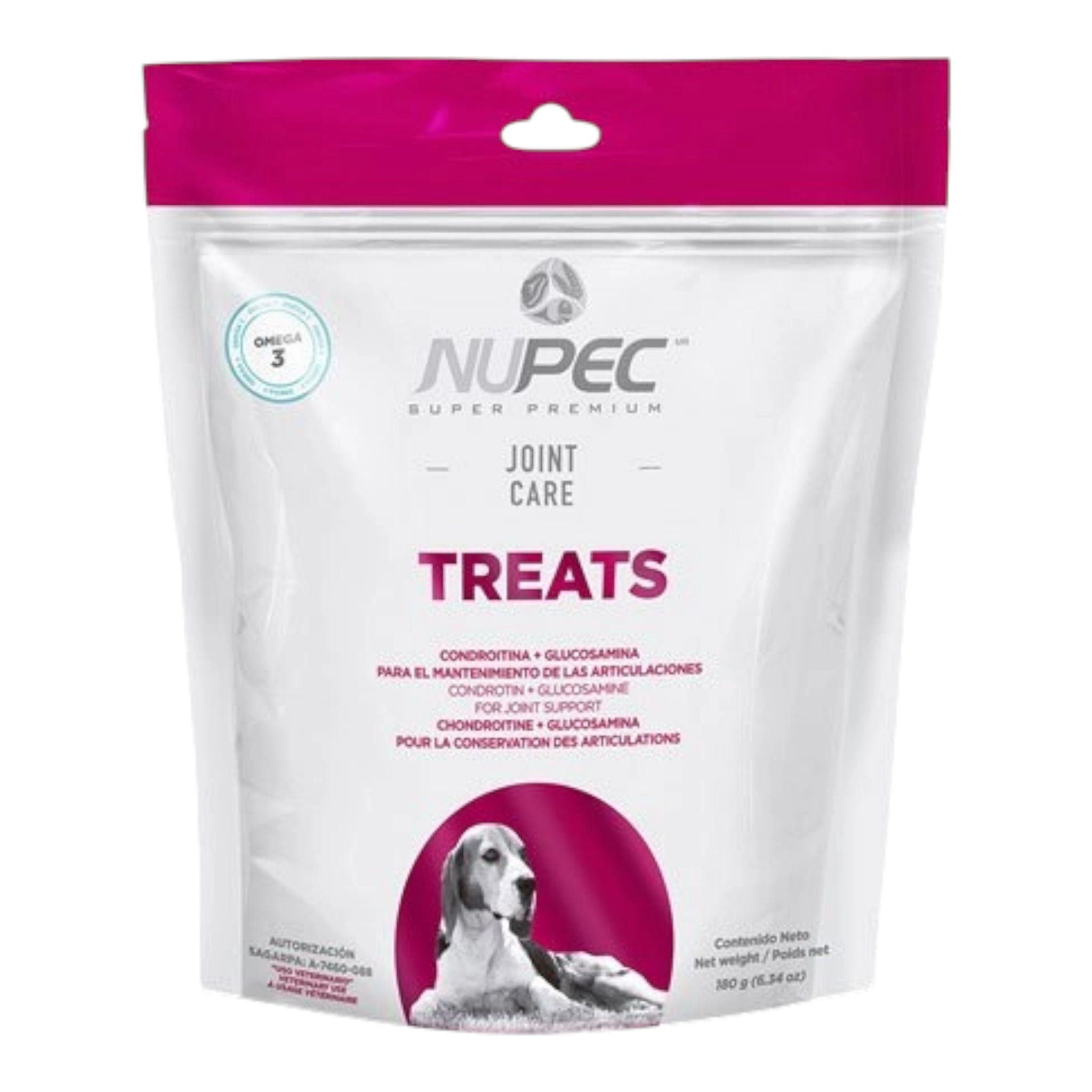 Empaque de premios funcionales Nupec Joint Care para perro en color rosa fuerte, destacando su fórmula con glucosamina y condroitina para el mantenimiento articular.