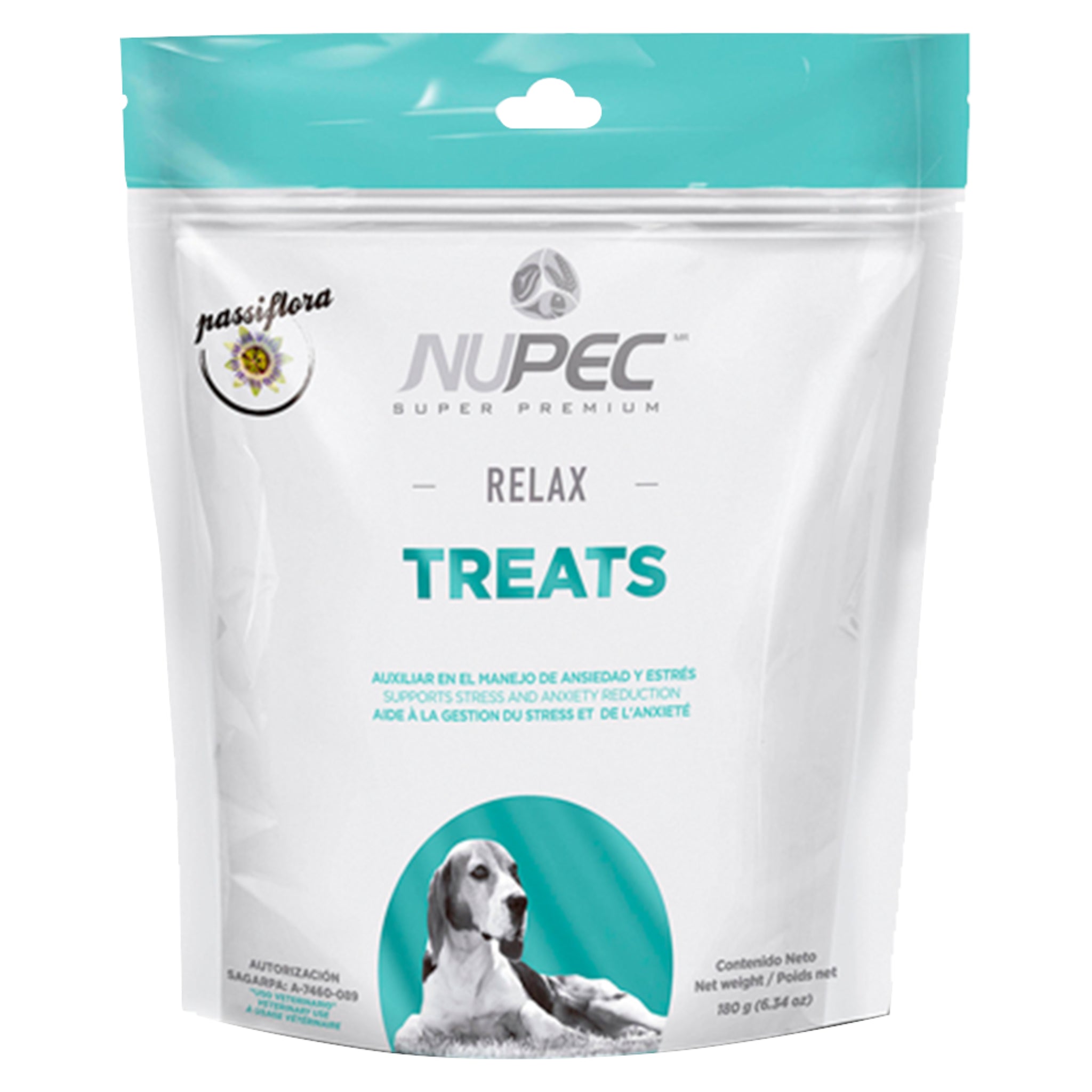 Empaque de premios funcionales Nupec Relax para perro, resaltando su fórmula con Passiflora para auxiliar en el manejo de ansiedad y estrés.