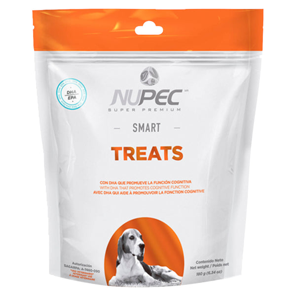 Empaque de premios funcionales Nupec Smart para perro, destacando su contenido de DHA y EPA para promover la función cognitiva y la inteligencia.