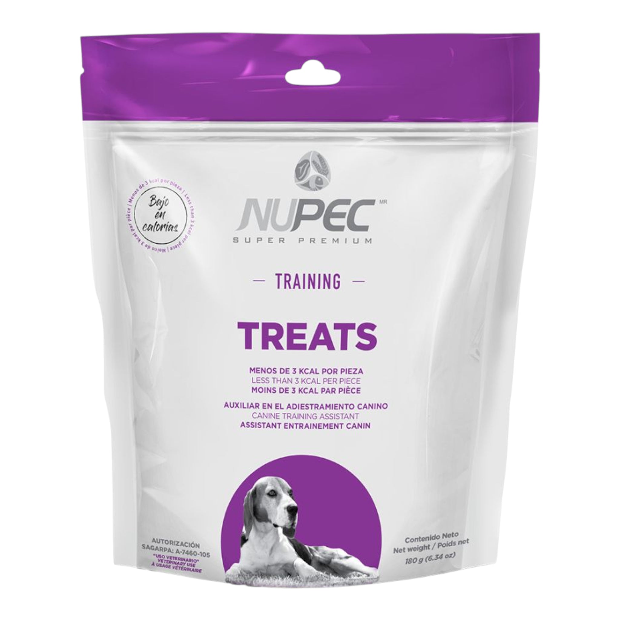 Empaque de premios Nupec Training para perro en color morado, destacando su fórmula de menos de 3 kcal por pieza para adiestramiento canino.