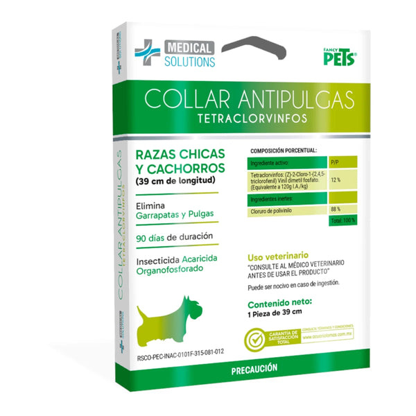 Empaque de collar antipulgas Fancy Pets Medical Solutions para perros de razas chicas y cachorros, con longitud de 39 cm y protección por 90 días.