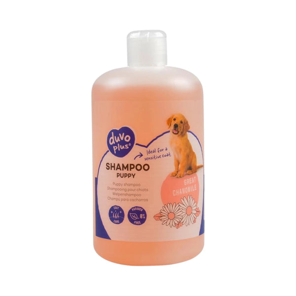 Envase del shampoo Duvoplus de 250 ml para cachorros, con fórmula sin parabenos y extracto de manzanilla