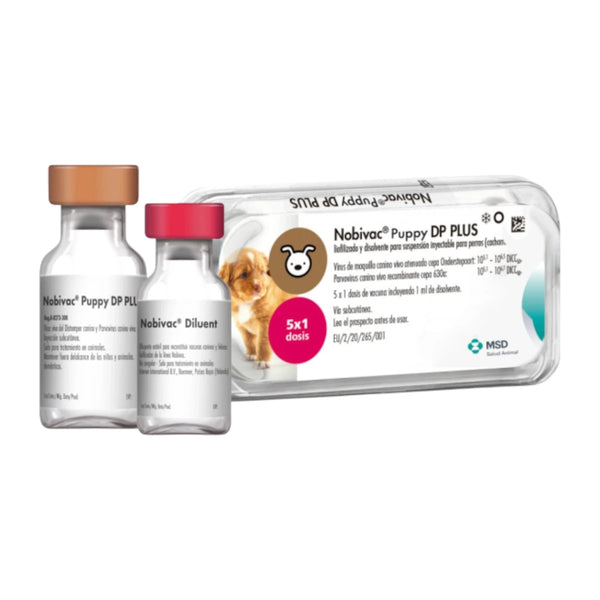 Presentación de la vacuna Nobivac Puppy DP PLUS de MSD, incluye vial de liofilizado y diluyente para la protección de cachorros contra moquillo y parvovirus.