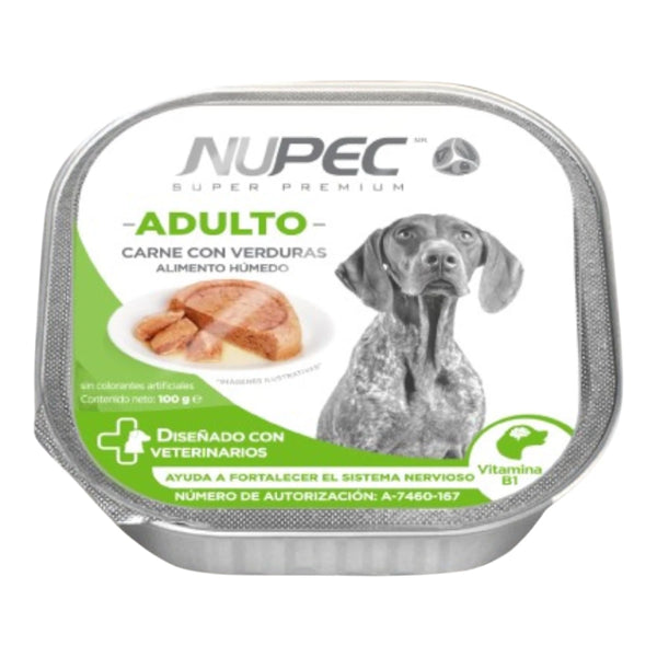 Empaque de alimento húmedo Nupec para perros adultos sabor carne con verduras, presentación individual diseñada con veterinarios