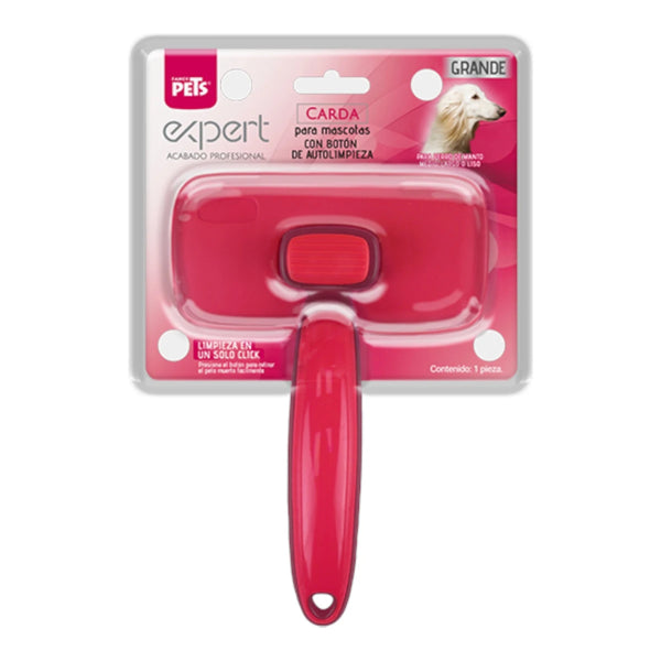 Empaquede carda Fancy Pets color rojo con mango curvo y botón de auto limpieza para mascotas