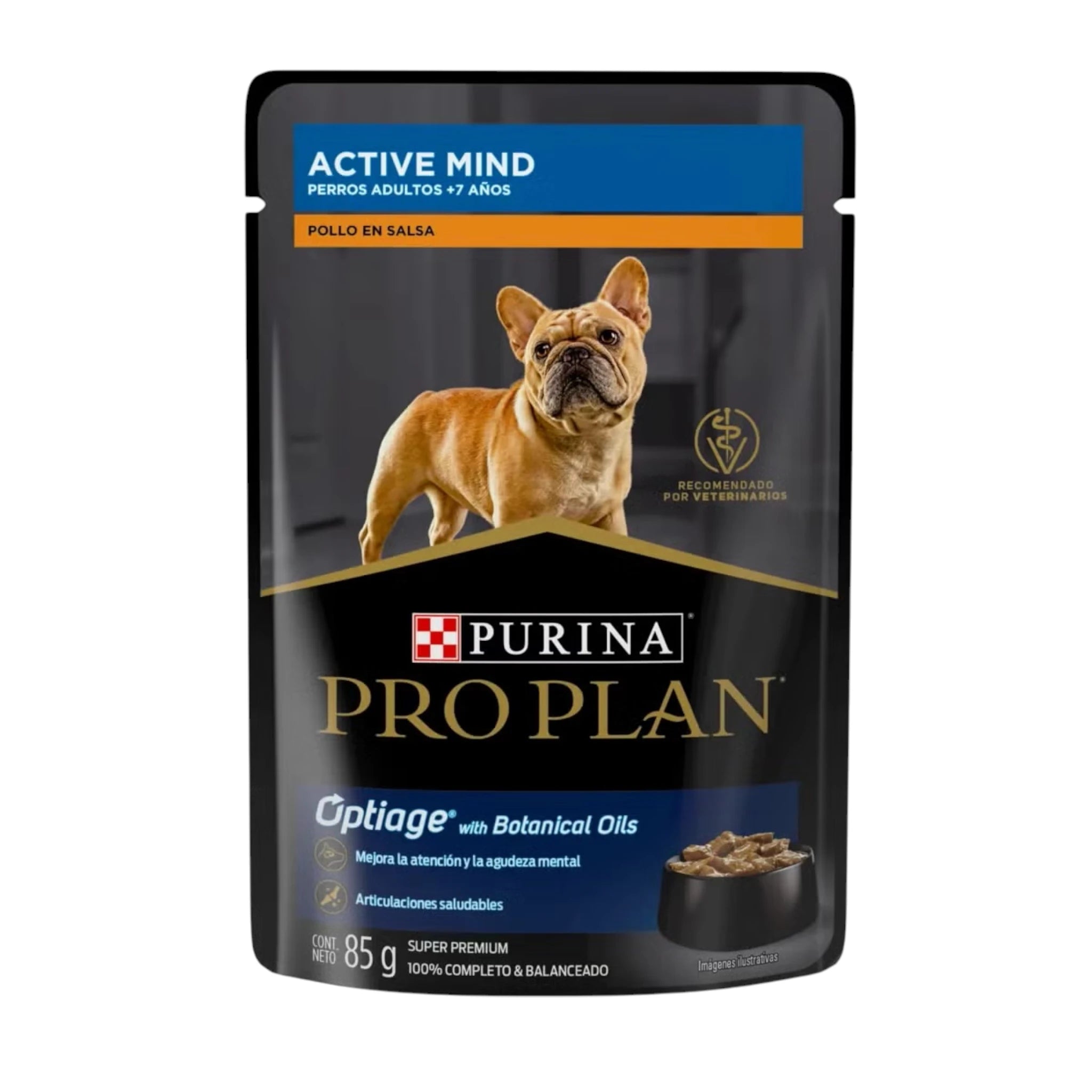 Sobre de 100 g de alimento húmedo Pro Plan Active Mind sabor Pollo en Salsa para perros mayores de 7 años, con tecnología Optiage y aceites botánicos para mente activa y articulaciones saludables.