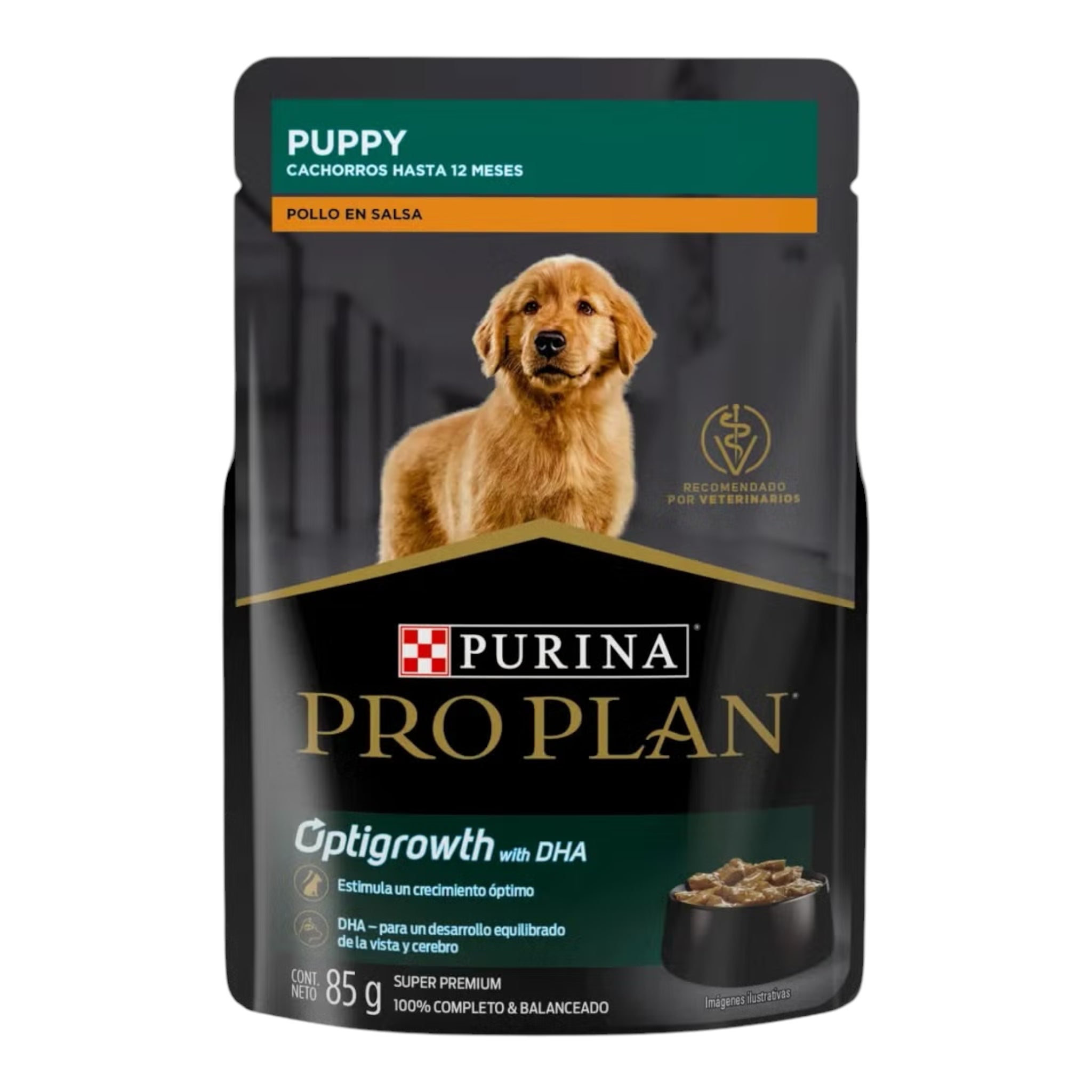 Sobre de 85 g de alimento húmedo Pro Plan sabor Pollo en Salsa para cachorros, con tecnología Optigrowth y DHA para desarrollo cerebral, visual y crecimiento saludable.