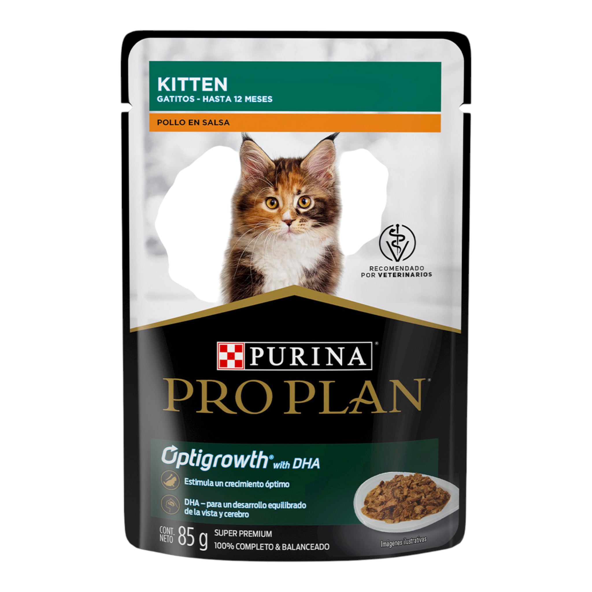 Sobre de 85 g de alimento húmedo Pro Plan sabor Pollo en Salsa para gatitos, con tecnología Optigrowth y DHA para el desarrollo del cerebro, la vista y el crecimiento saludable.