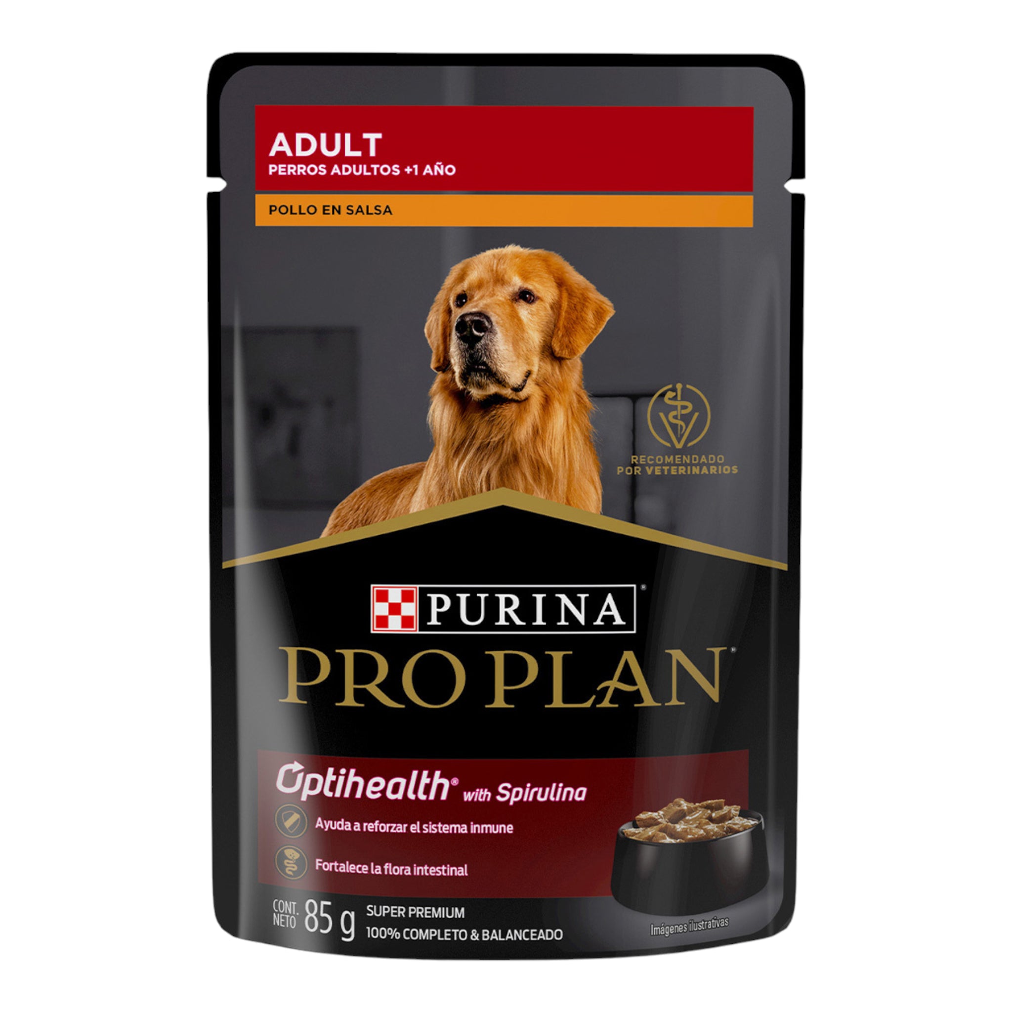 Sobre de 85 g de alimento húmedo Pro Plan sabor Pollo en Salsa para perros adultos, con tecnología Optihealth con Spirulina que fortalece su sistema inmune y energía diaria.