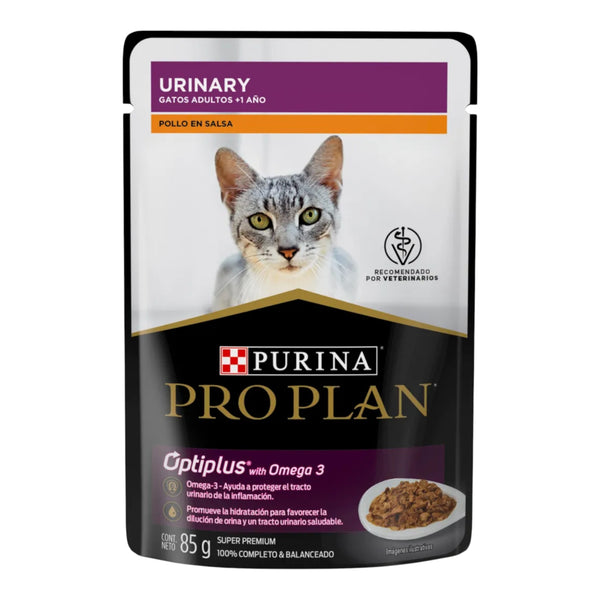 Sobre de 85 g de alimento húmedo Pro Plan Urinary para gatos adultos, con tecnología Optiplus y Omega 3 para proteger el tracto urinario y favorecer la hidratación.